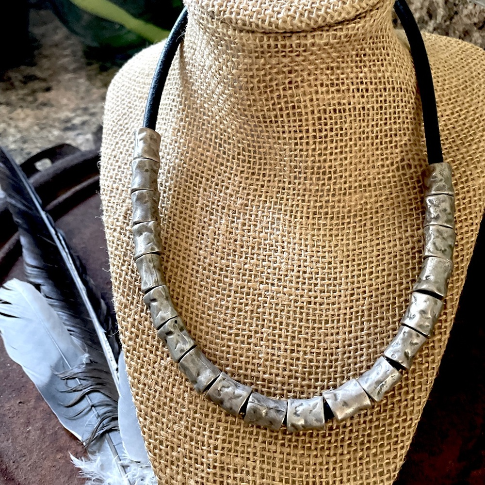 Antiqued Silver Hammered Bead on Thick Leather Rope Bohemian Modern Necklace - Picture 3 of 7